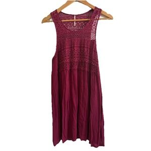 Free People Harlow Tunic Tank Top XS Burgundy Crochet Lace Boho Swing Mini Dress